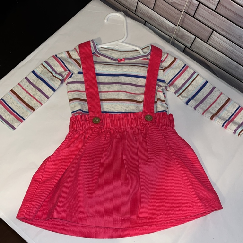 Striped Long Sleeve Shirt and Pink Suspender Skirt Set